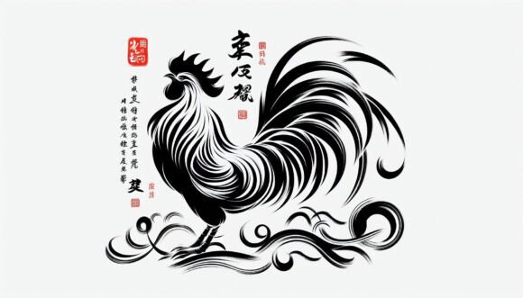 A Decorative Rooster in Chinese Brush Ar: Digital Art for Modern Projects